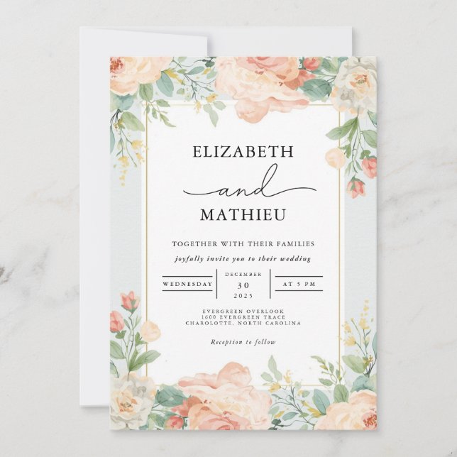 Convite Casamento de Peachy Floral Flourish (Frente)
