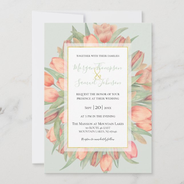 Convite Casamento de Peachy Pink & Mint Primavera Tulips (Frente)