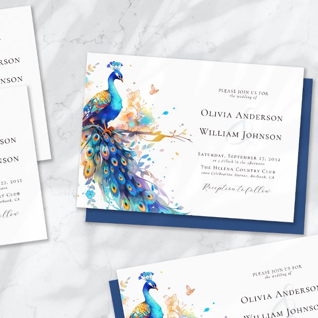 Convite Casamento de Peacock com Aquarela Elegante (Criador carregado)
