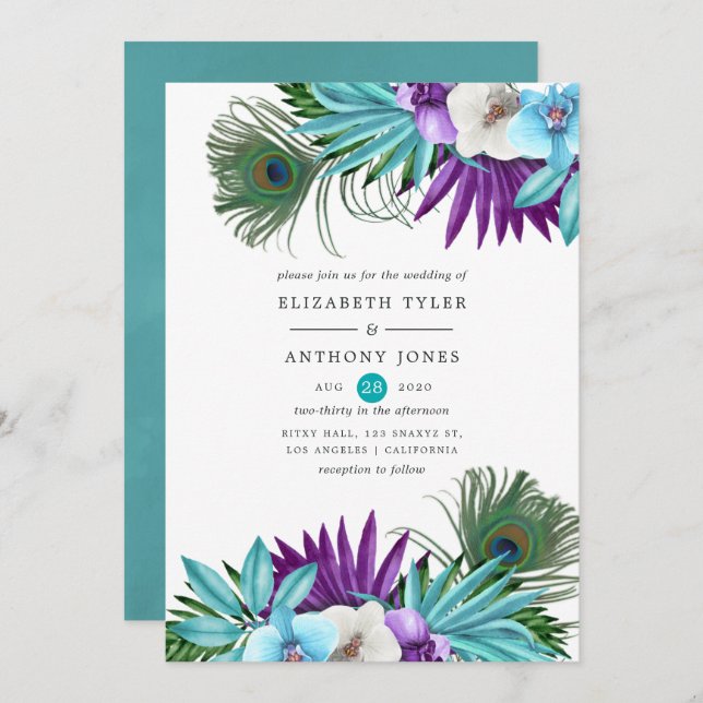 Convite Casamento de Peacock com Orquídeas Tropicais de Aq (Frente/Verso)