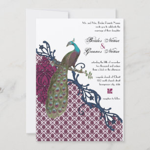 Convite Casamento de Peacock Damask Elegante Navy & Berry