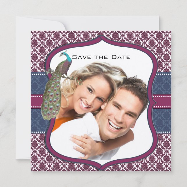 Convite Casamento de Peacock do marinho e Berry Berry Eleg (Frente)