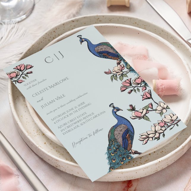 Convite Casamento de Peacock Floral Azul Elegante (Rustic Soft Blue Wedding Invitations. Hand-Drawn Blue & Teal Peacocks Perched on Magnolia Branches.)