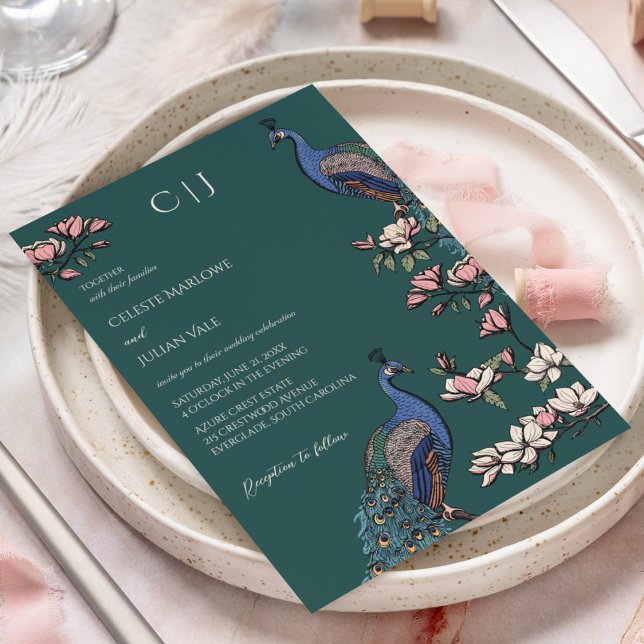 Convite Casamento de Peacock Floral Verde-Teal Elegante (Rustic Teal Green Wedding Invitations. Hand-Drawn Blue & Teal Peacocks Perched on Magnolia Branches.)