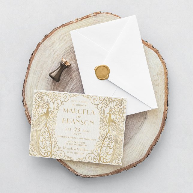 Convite Casamento de Peacocks em Deco de Arte Elegante (Criador carregado)