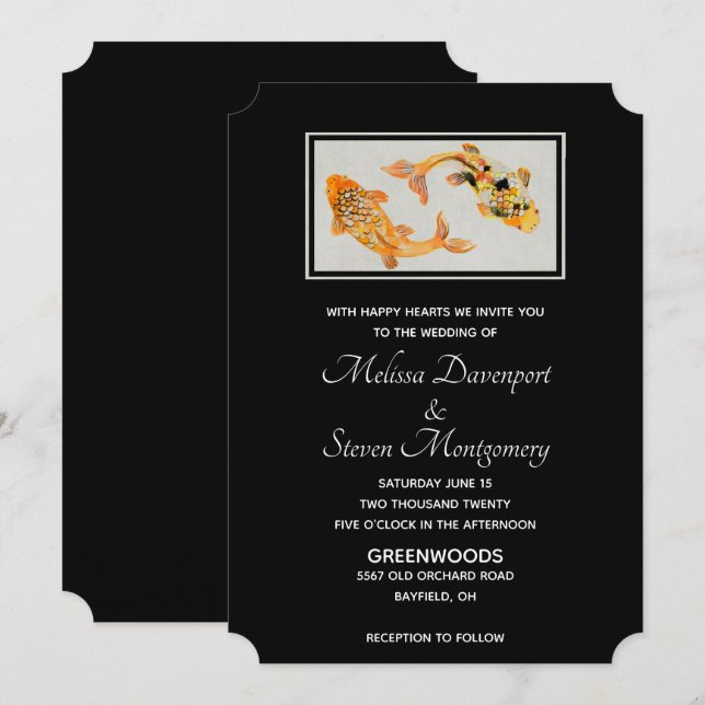 Convite Casamento de Peixe Koi Dourado Elegante (Frente/Verso)