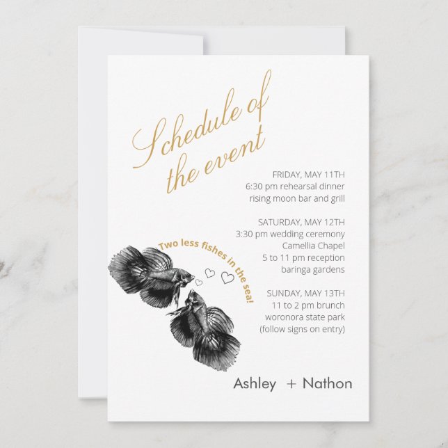 Convite Casamento de Peixes Dourados Elegante Preto (Frente)