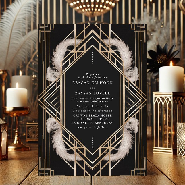 Convite Casamento de Pena Art Déco Preto e Dourado (Criador carregado)