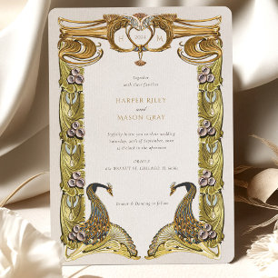 Convite Casamento de Pena de Pavão Art Nouveau Vintage