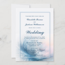 Convite Casamento de Penas Azuis Elegante Dusty