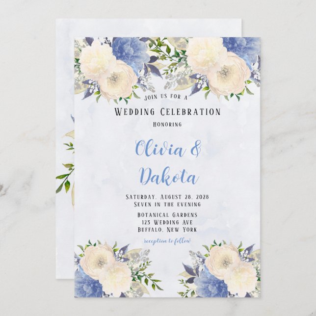 Convite Casamento de Penas Botânicas Azuis Amarelas Pálida (Frente/Verso)