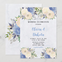Convite Casamento de Penas Botânicas Azuis Amarelas Pálida