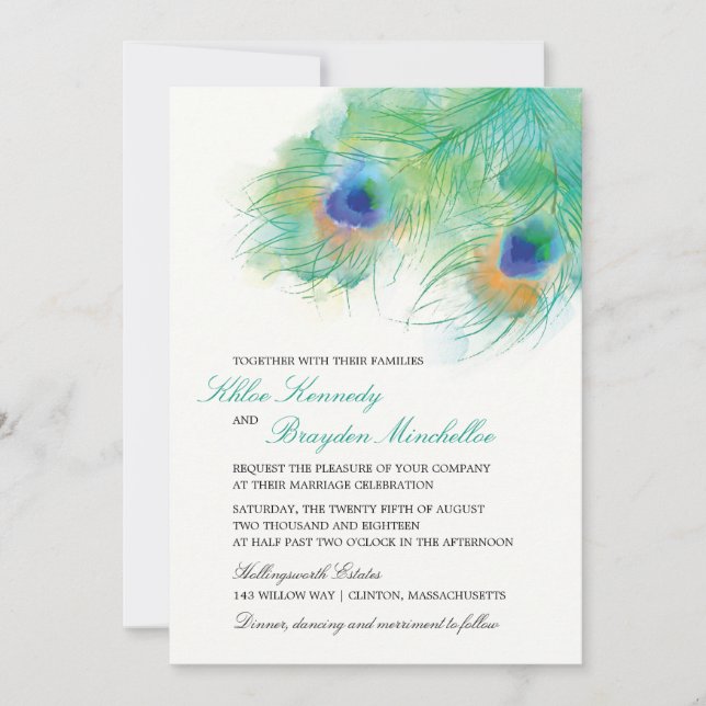 Convite Casamento de Penas de Aquarela (Frente)