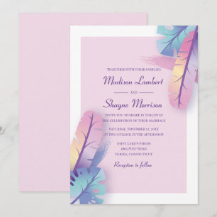 Convite Casamento de Penas de Aquarela Roxa Boêmio