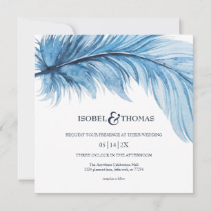 Convite Casamento de penas de Marinho Azul Elegante