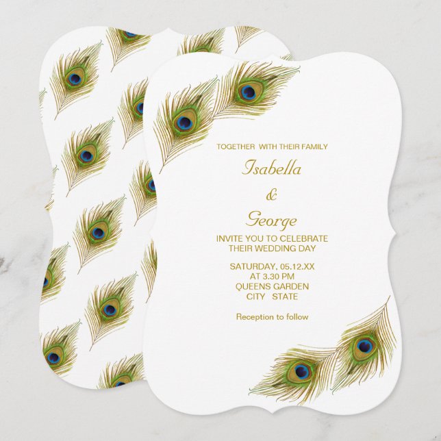 Convite Casamento de Penas de Pavão Elegantes (Frente/Verso)