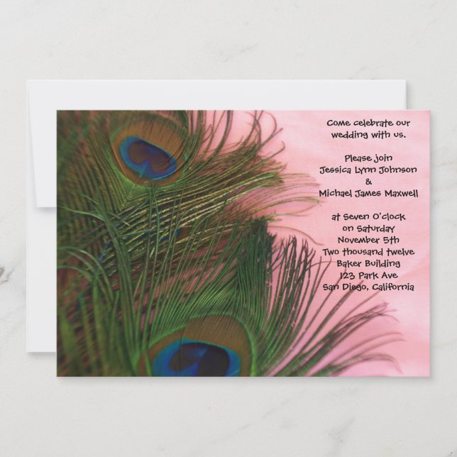 Convite Casamento de Penas de Pavão Rosa (Frente)