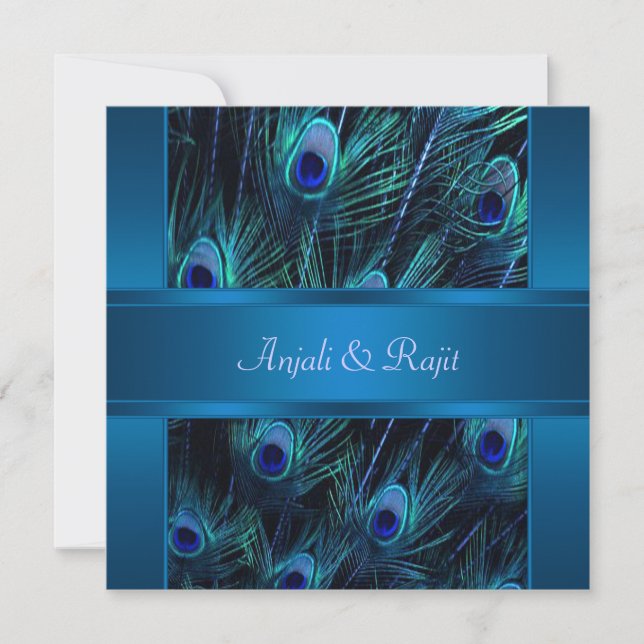 Convite Casamento de Penas de Pavão Roxo Azul Real (Frente)