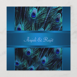 Convite Casamento de Penas de Pavão Roxo Azul Real