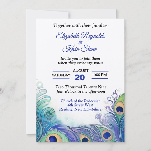 Convite Casamento de penas de pavão verde pastel e azuis (Frente)