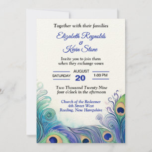 Convite Casamento de penas de pavão verde pastel e azuis