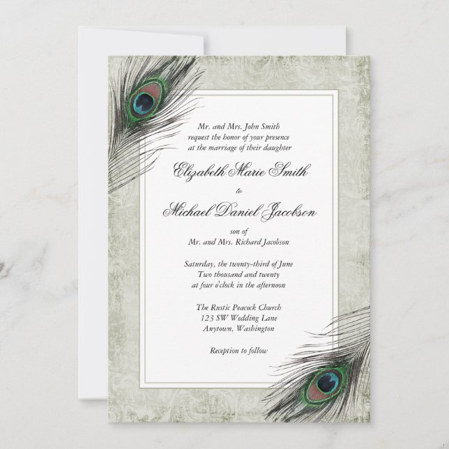 Convite Casamento de Penas de Pavão Vintage (Frente)
