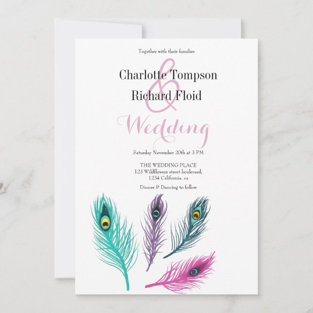 Convite Casamento de Penas de Peacock com Aquarela (Frente)