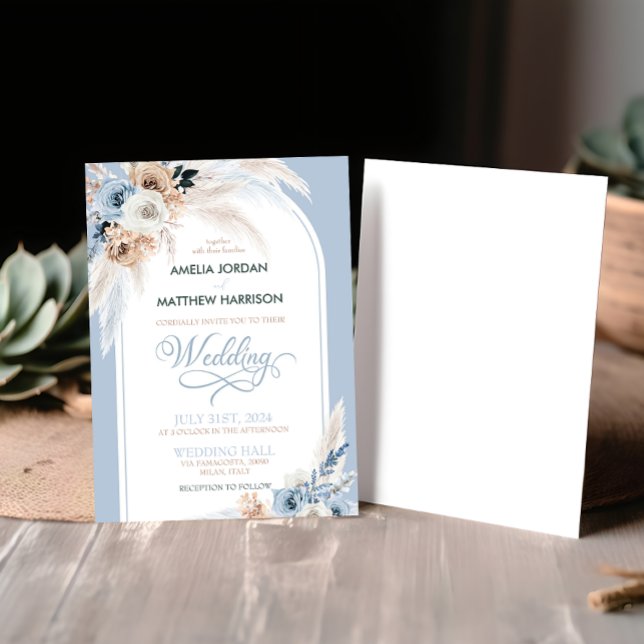 Convite Casamento de Penas Florais de Boho Azul com Waterc (Criador carregado)
