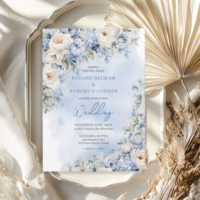 Convite Casamento de peões brancos e azuis empoeirados (Watercolor dusty blue and white peonies wedding invitation)