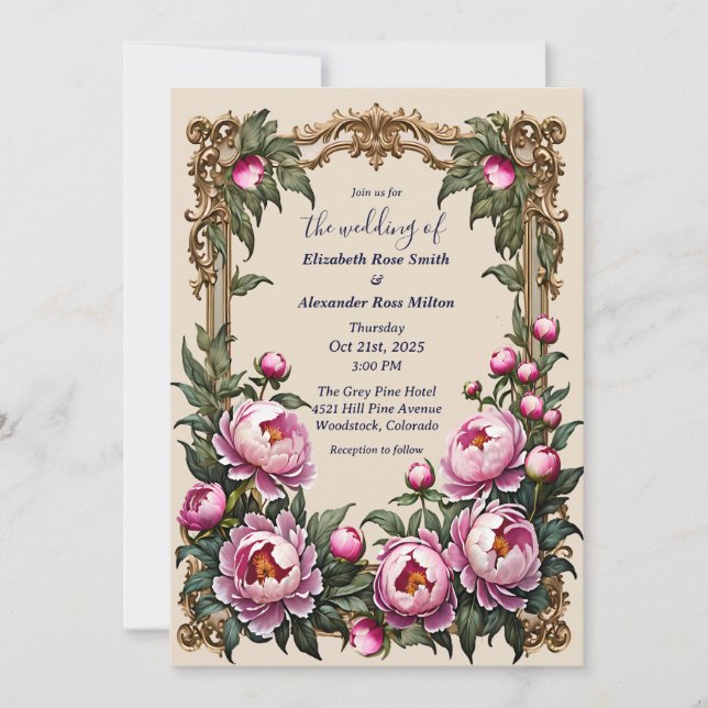 Convite Casamento de peões cor-de-rosa com quadro de arte  (Frente)