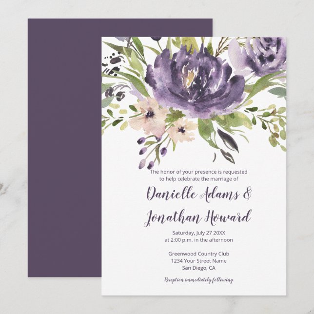 Convite Casamento de Peões de Aquarela Verde Lavanda Roxa (Frente/Verso)