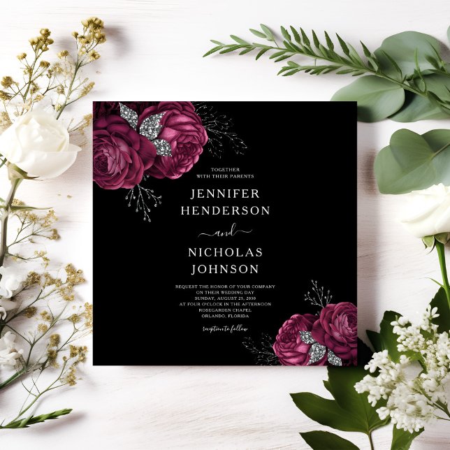 Convite Casamento de Peões de Borgonha Floral Negra (Black Floral Burgundy Peonies Wedding Invitation)