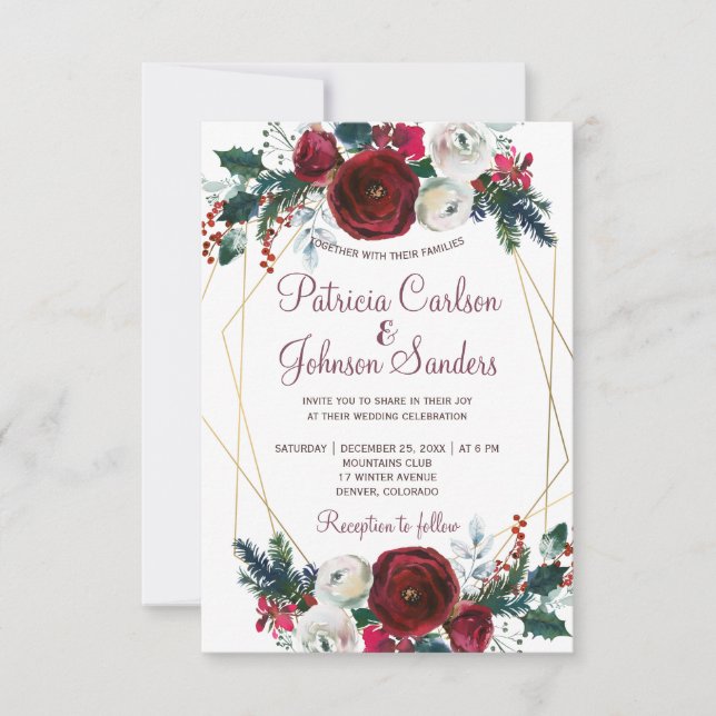 Convite Casamento de peões de ouro com burgundy vermelha a (Frente)