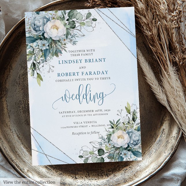 Convite Casamento de peões de prata azul empoeirados de bo (Rustic boho dusty blue silver peonies wedding invite

)
