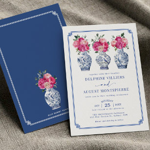 Convite Casamento de Peões Rosa-Rosa-Rosa-Chinoiserie Azul