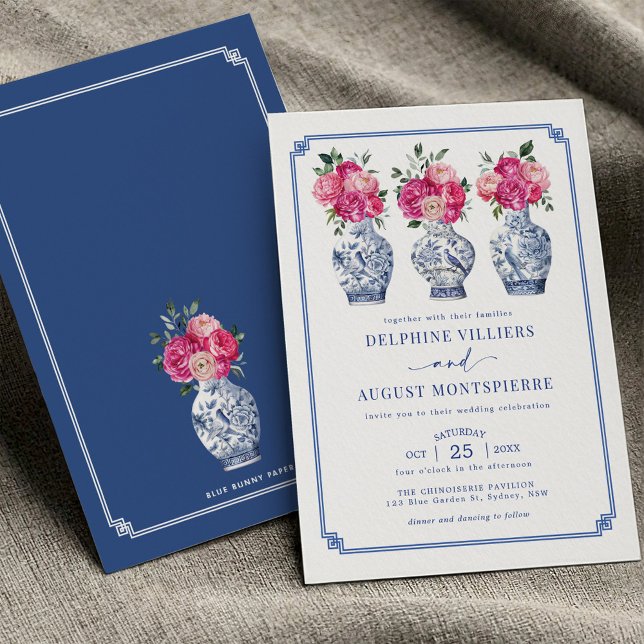 Convite Casamento de Peões Rosa-Rosa-Rosa-Chinoiserie Azul (Criador carregado)
