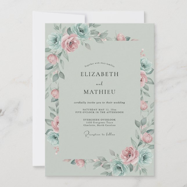 Convite Casamento de Peônia Água-Menta (Frente)