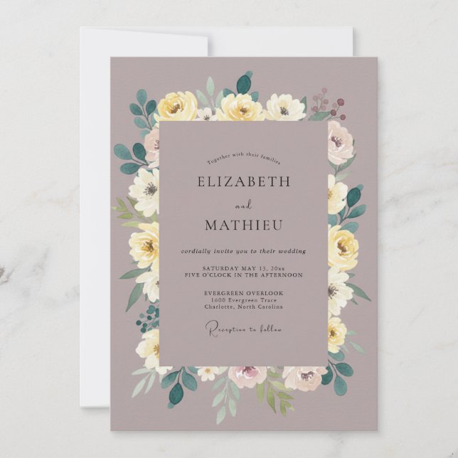 Convite Casamento de Peônia Amarela Malva (Frente)