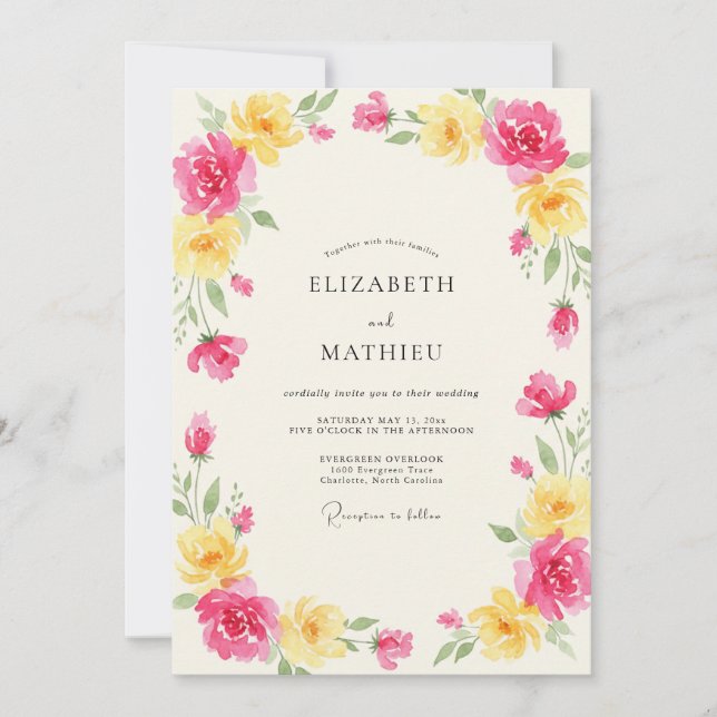 Convite Casamento de Peônia Amarela Rosa (Frente)