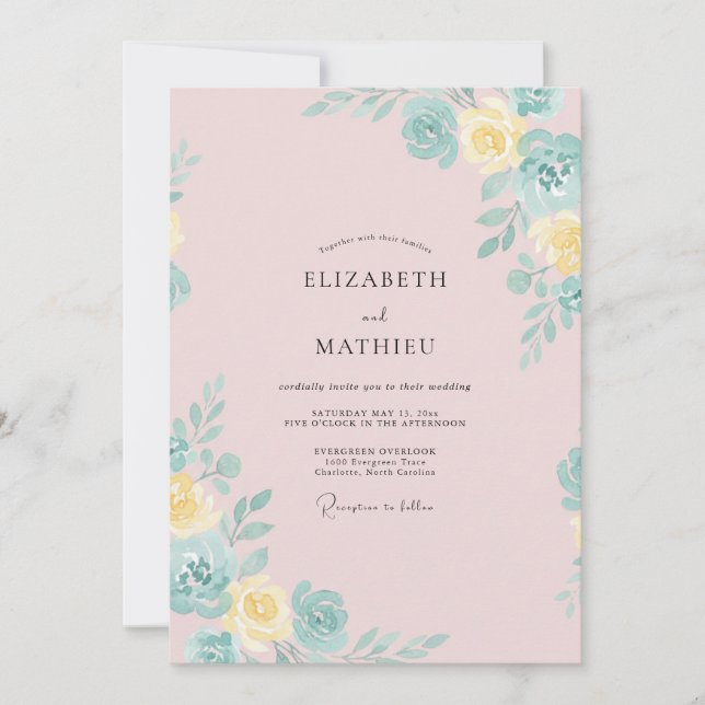 Convite Casamento de Peônia Amarela Rosa Pálido Suave (Frente)