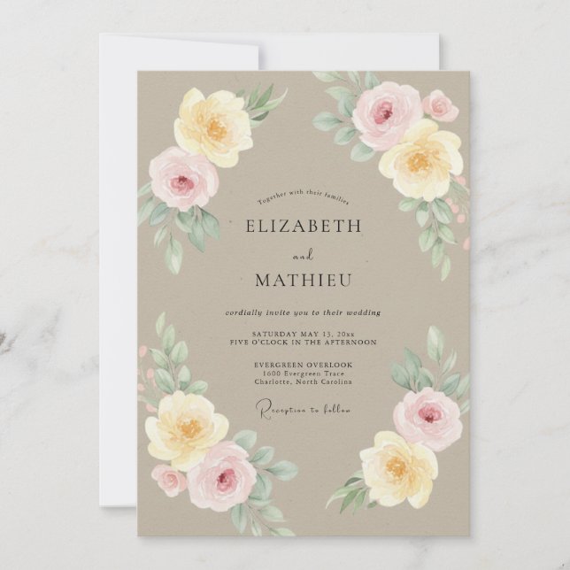 Convite Casamento de Peônia Amarela Taupe (Frente)