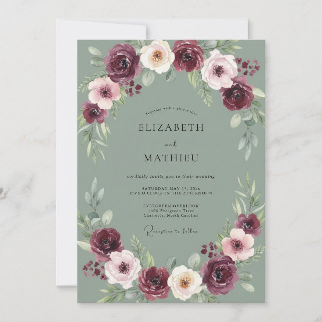 Convite Casamento de Peônia Ameixa Celadon (Frente)