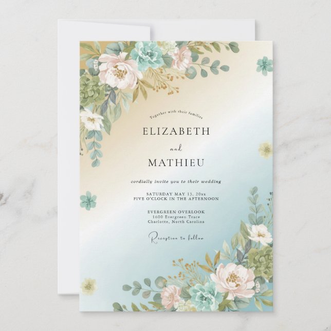 Convite Casamento de Peônia Aqua Gold (Frente)