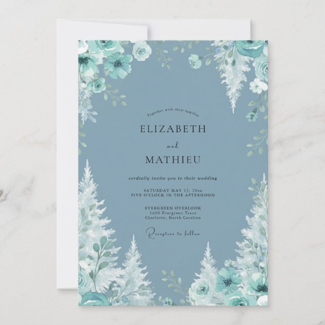 Convite Casamento de Peônia Aqua Slate (Frente)
