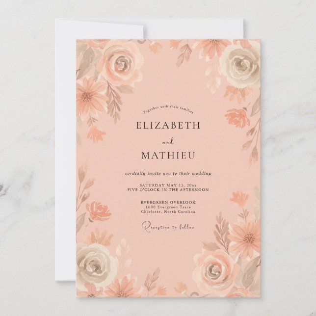 Convite Casamento de Peônia Aquarela Pêssego (Frente)