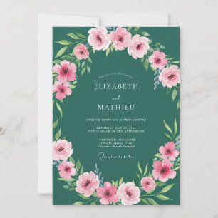 Convite Casamento de Peônia Atraente Verde Floresta