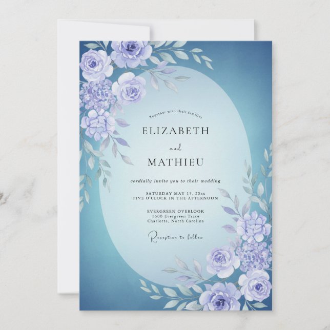 Convite Casamento de Peônia Azul-Celeste (Frente)