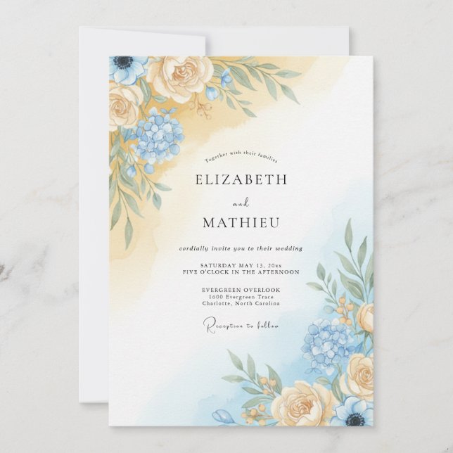 Convite Casamento de Peônia Azul Champanhe (Frente)
