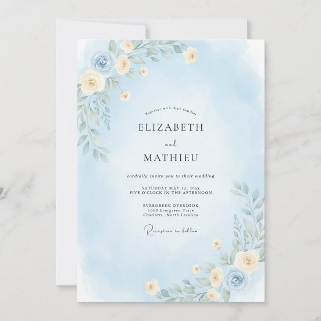 Convite Casamento de Peônia Azul Gelo (Frente)