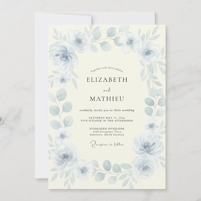 Convite Casamento de Peônia Azul Pó (Frente)